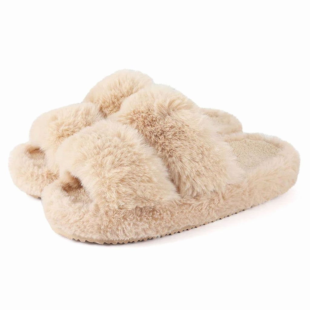 Women's Plush Faux Fur Slip-On Slide Slippers Non-Slip Sole - Beige