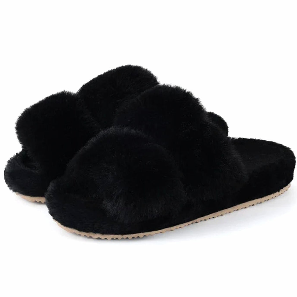 Women's Plush Faux Fur Slip-On Slide Slippers Non-Slip Sole - Black