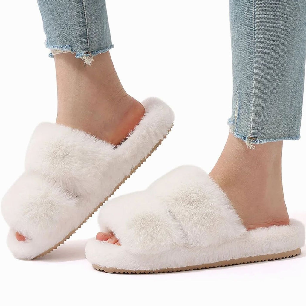 Women's Plush Faux Fur Slip-On Slide Slippers Non-Slip Sole