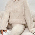 Women's Plush Fleece Hoodie Two-Piece Set Straight-Leg Lounge Pants - Beige