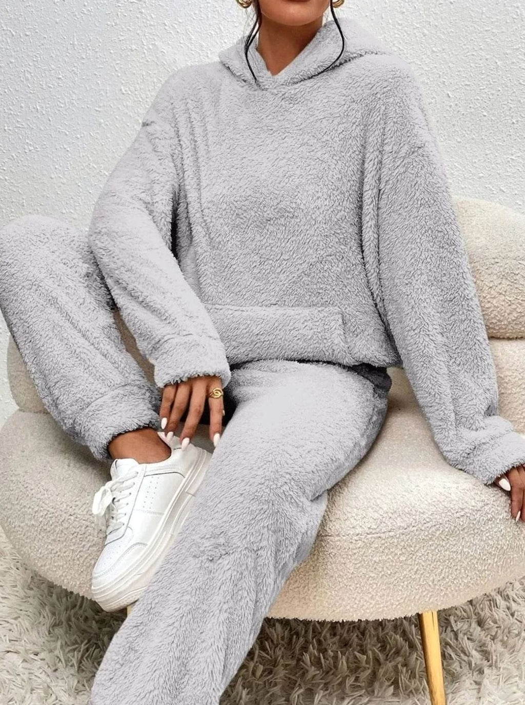 Women's Plush Fleece Hoodie Two-Piece Set Straight-Leg Lounge Pants - Grey