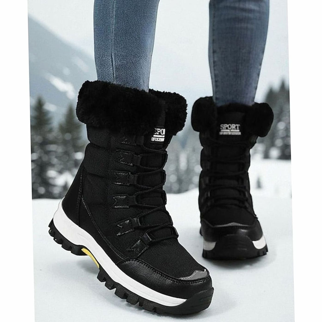 Women's Plush-Lined Lace-Up Snow Winter Boots - Black