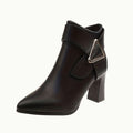 Women's Pointed-Toe Block Heel Ankle Boots Buckle Detail - Black