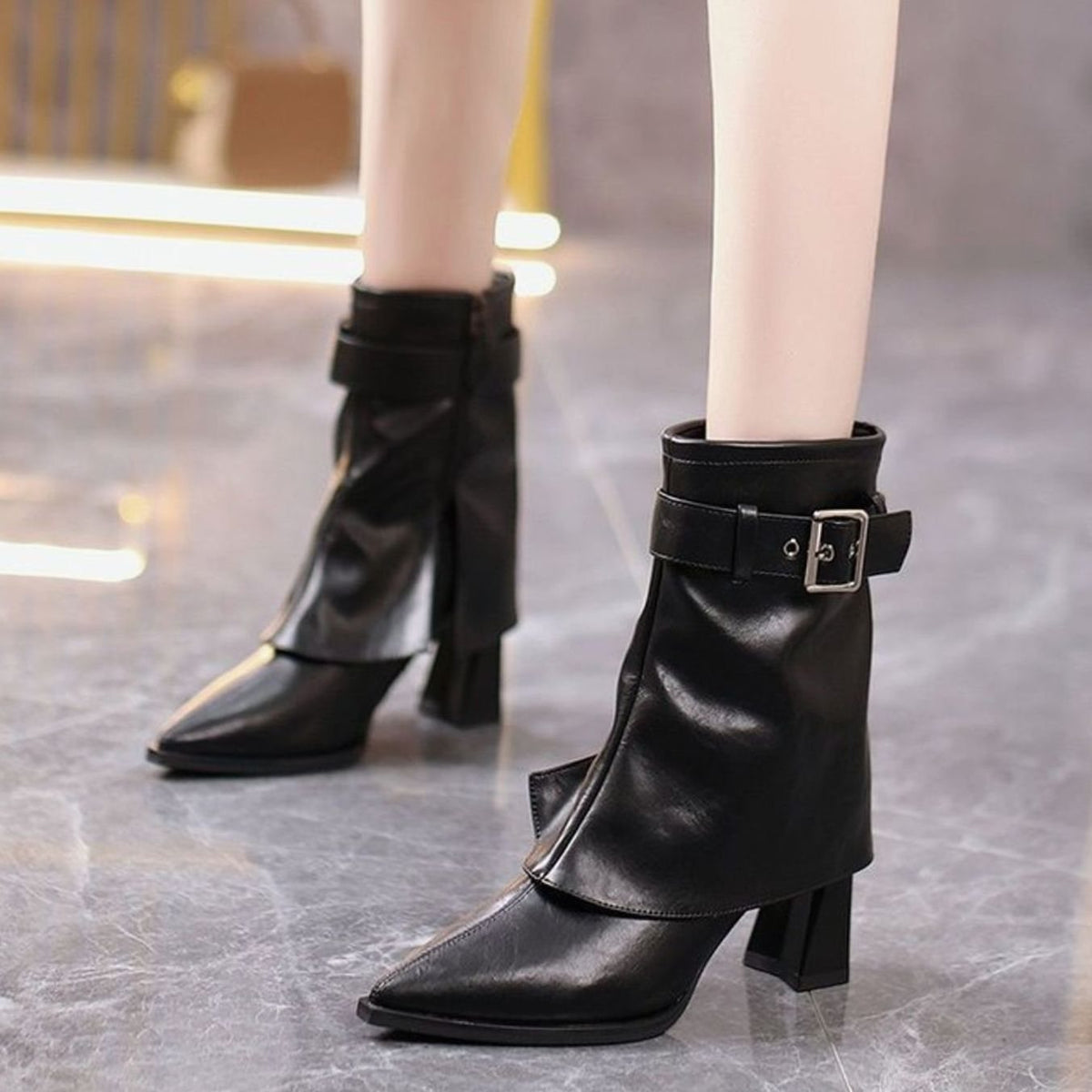 Women's Pointed-Toe Block-Heel Buckle Ankle Boots - Black