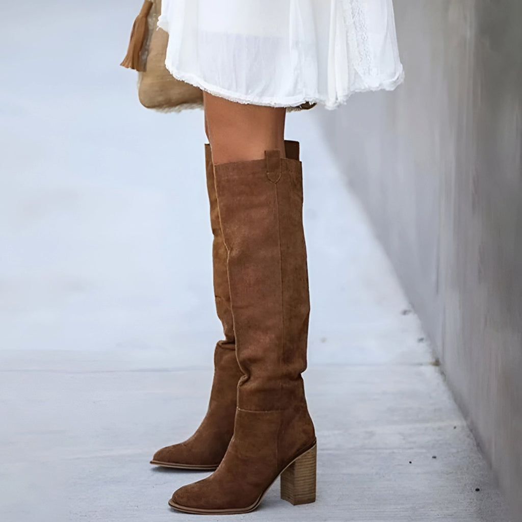 Women's Pointed-Toe Block-Heel Suede Knee High Boots