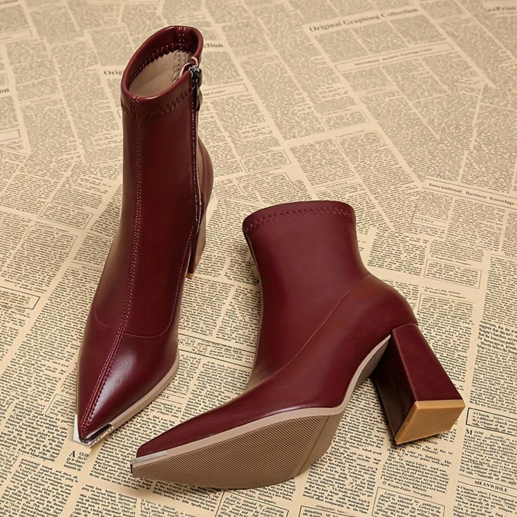 Women's Pointed-Toe Chunky Heel Side-Zip Ankle Booties - Brick Red
