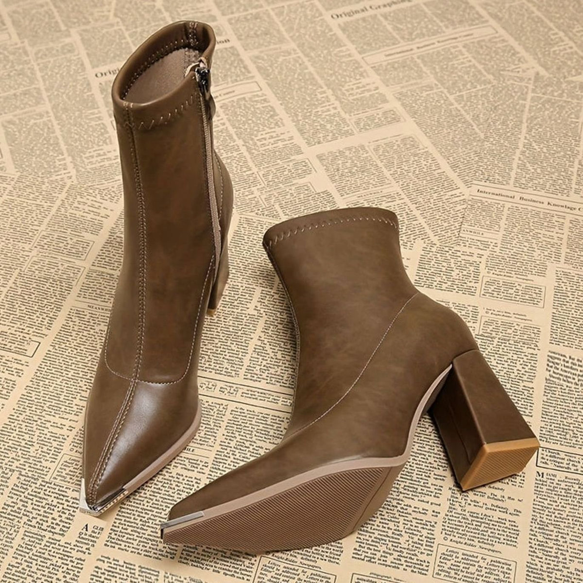 Women's Pointed-Toe Chunky Heel Side-Zip Ankle Booties - Khaki
