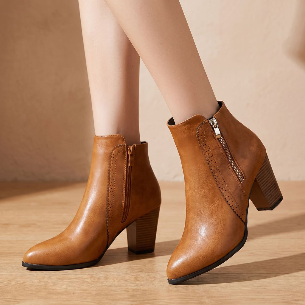 Women's Pointed-Toe Chunky Heel Side-Zip Ankle Boots - Light Brown