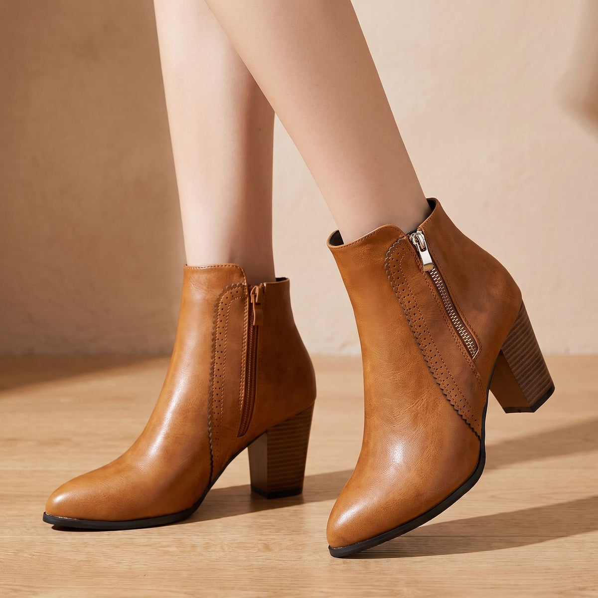 Women's Pointed-Toe Chunky Heel Side-Zip Ankle Boots - Light Brown