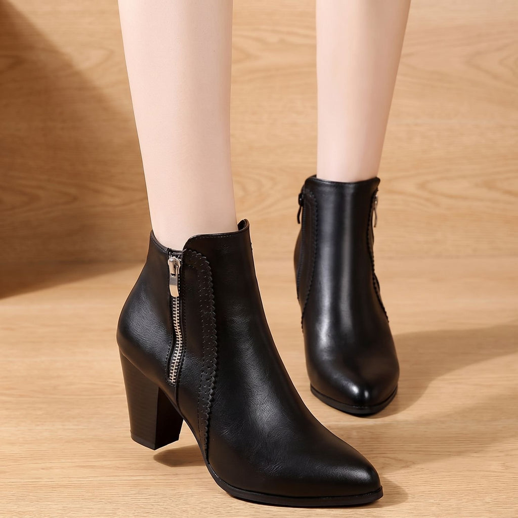 Women's Pointed-Toe Chunky Heel Side-Zip Ankle Boots - Black
