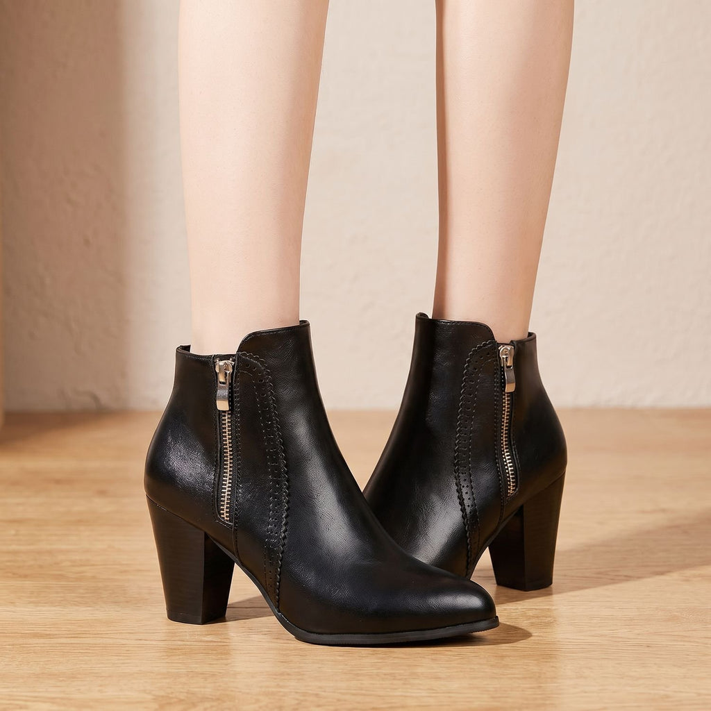 Women's Pointed-Toe Chunky Heel Side-Zip Ankle Boots