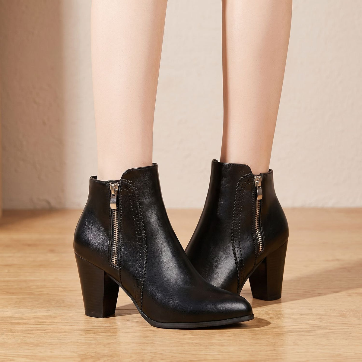 Women's Pointed-Toe Chunky Heel Side-Zip Ankle Boots