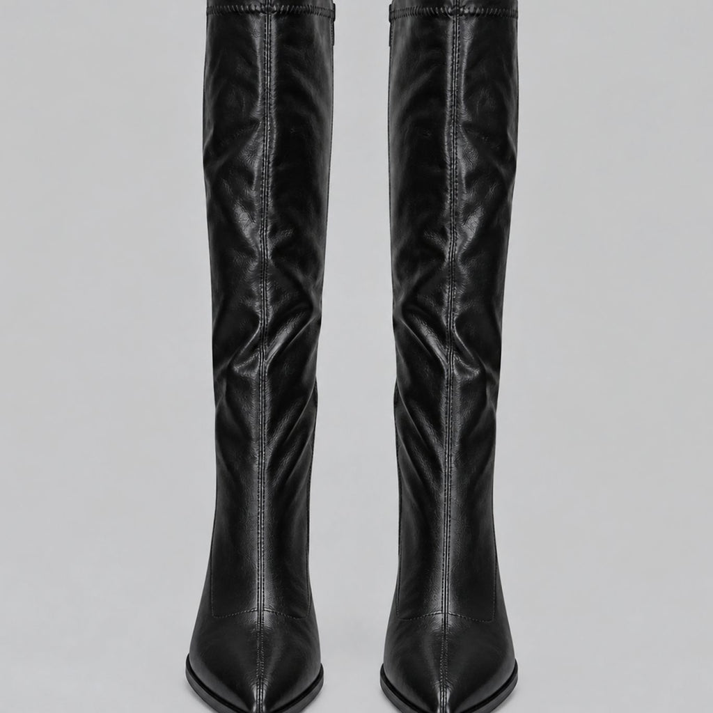 Women's Pointed-Toe Knee High Boots Chunky Block Heel
