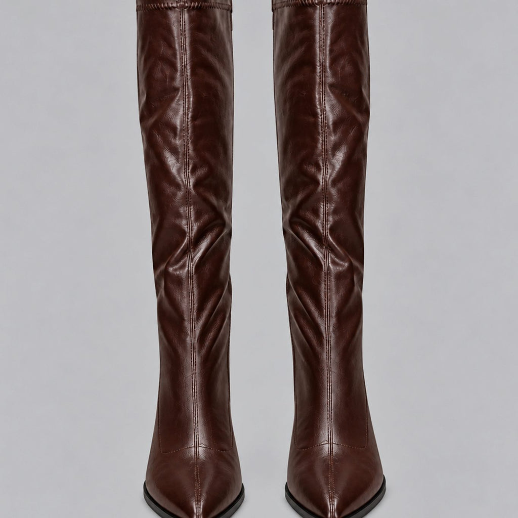 Women's Pointed-Toe Knee High Boots Chunky Block Heel