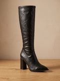 Women's Pointed-Toe Knee High Boots Chunky Block Heel, Black - Black