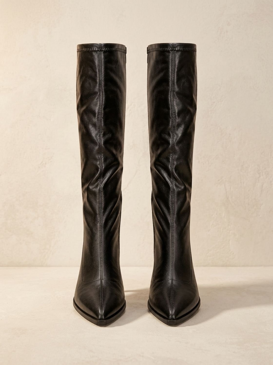 Women's Pointed-Toe Knee High Boots Chunky Block Heel, Black