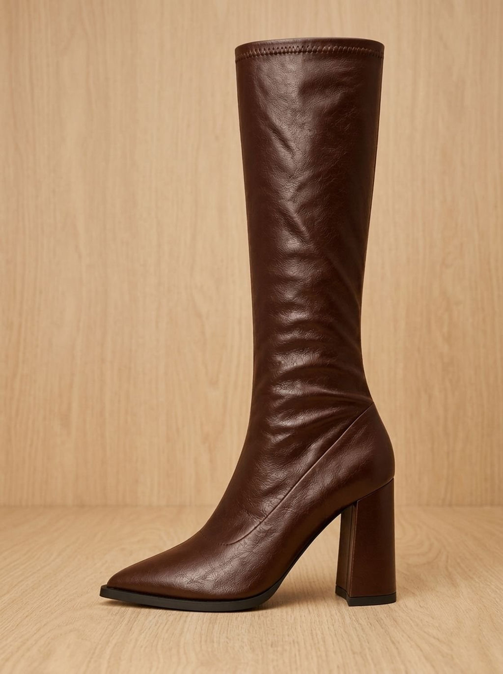 Women's Pointed-Toe Knee High Boots Chunky Block Heel, Black - Brown