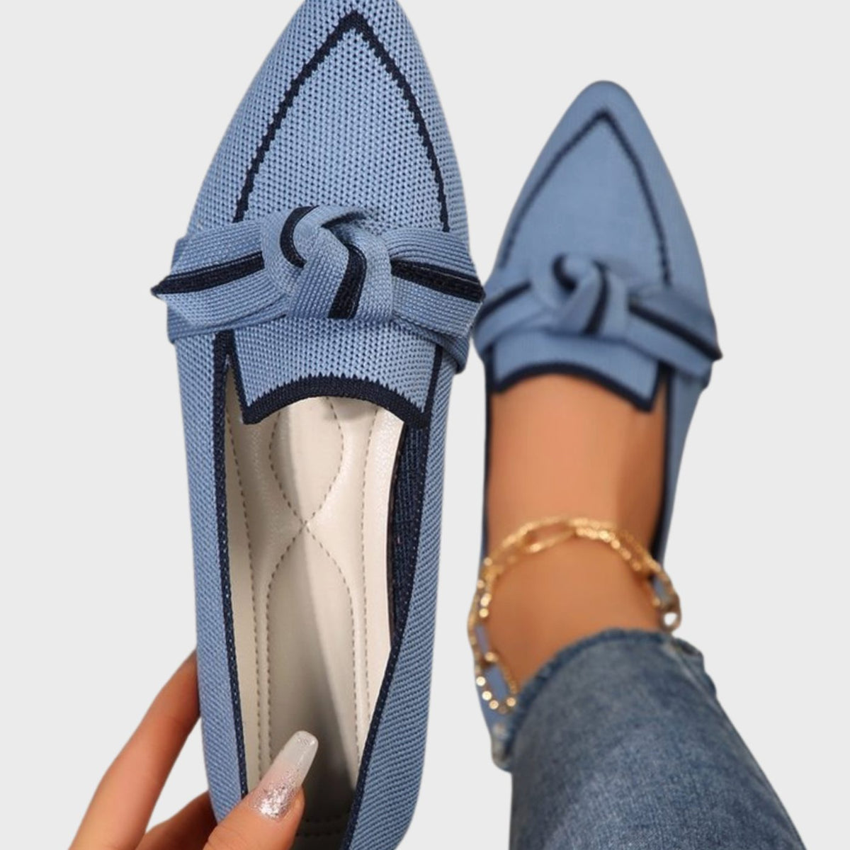 Women's Pointed-Toe Knit Slip-On Knotted Loafer Flats, Blue - Blue