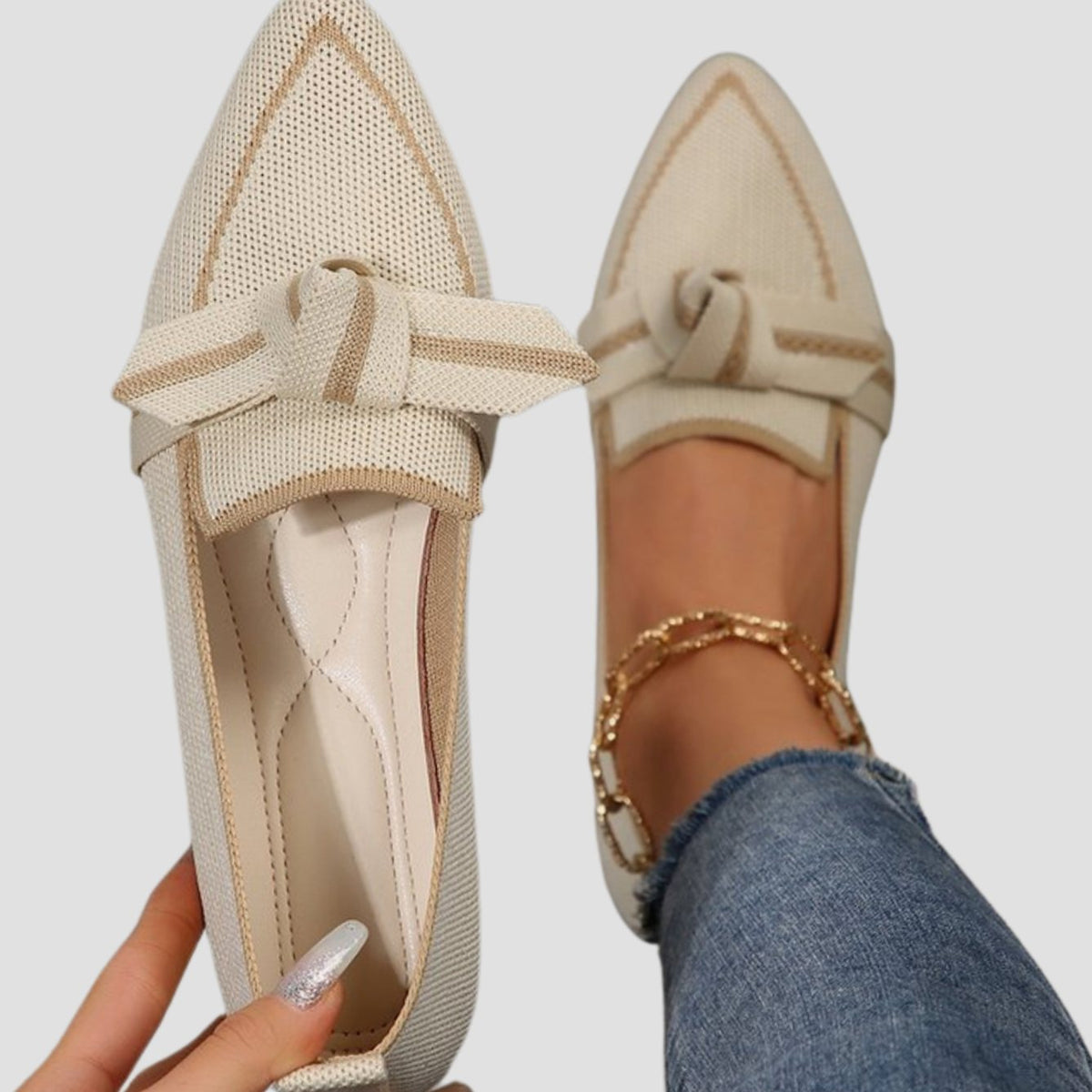 Women's Pointed-Toe Knit Slip-On Knotted Loafer Flats, Blue - Beige