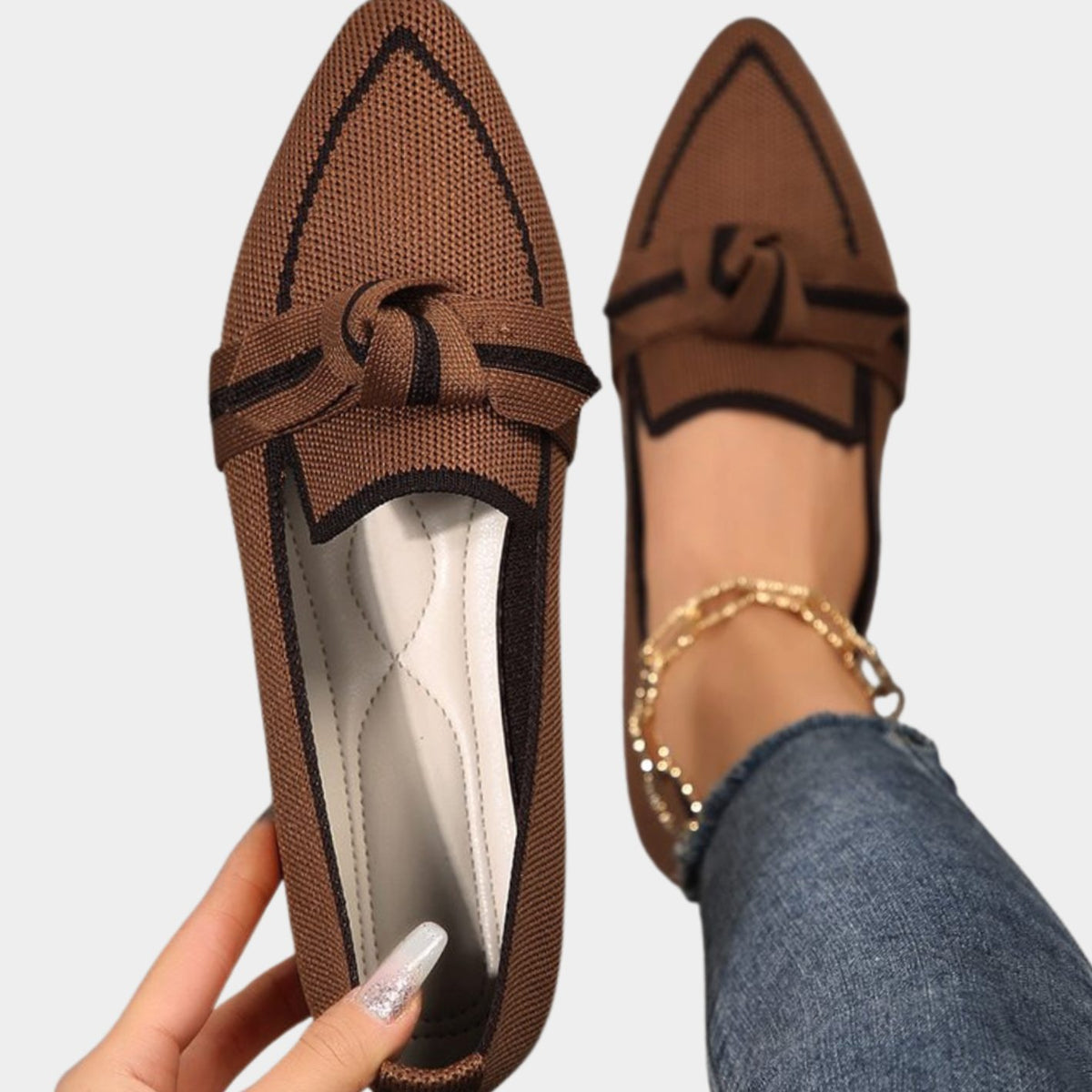 Women's Pointed-Toe Knit Slip-On Knotted Loafer Flats, Blue - Brown