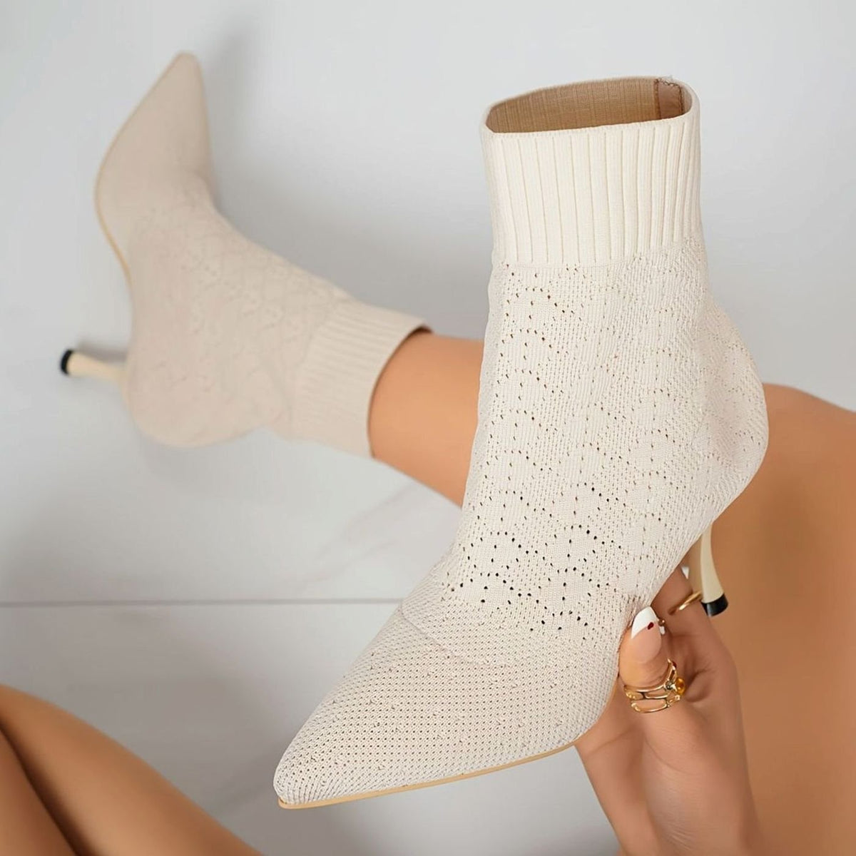 Women's Pointed-Toe Knit Sock Ankle Boots Stiletto Heel