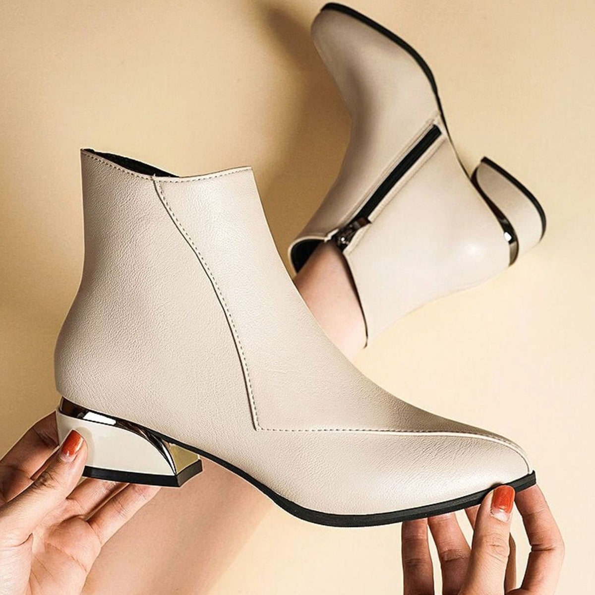 Women's Pointed-Toe Low-Heel Zip-Up Ankle Boots - Cream White