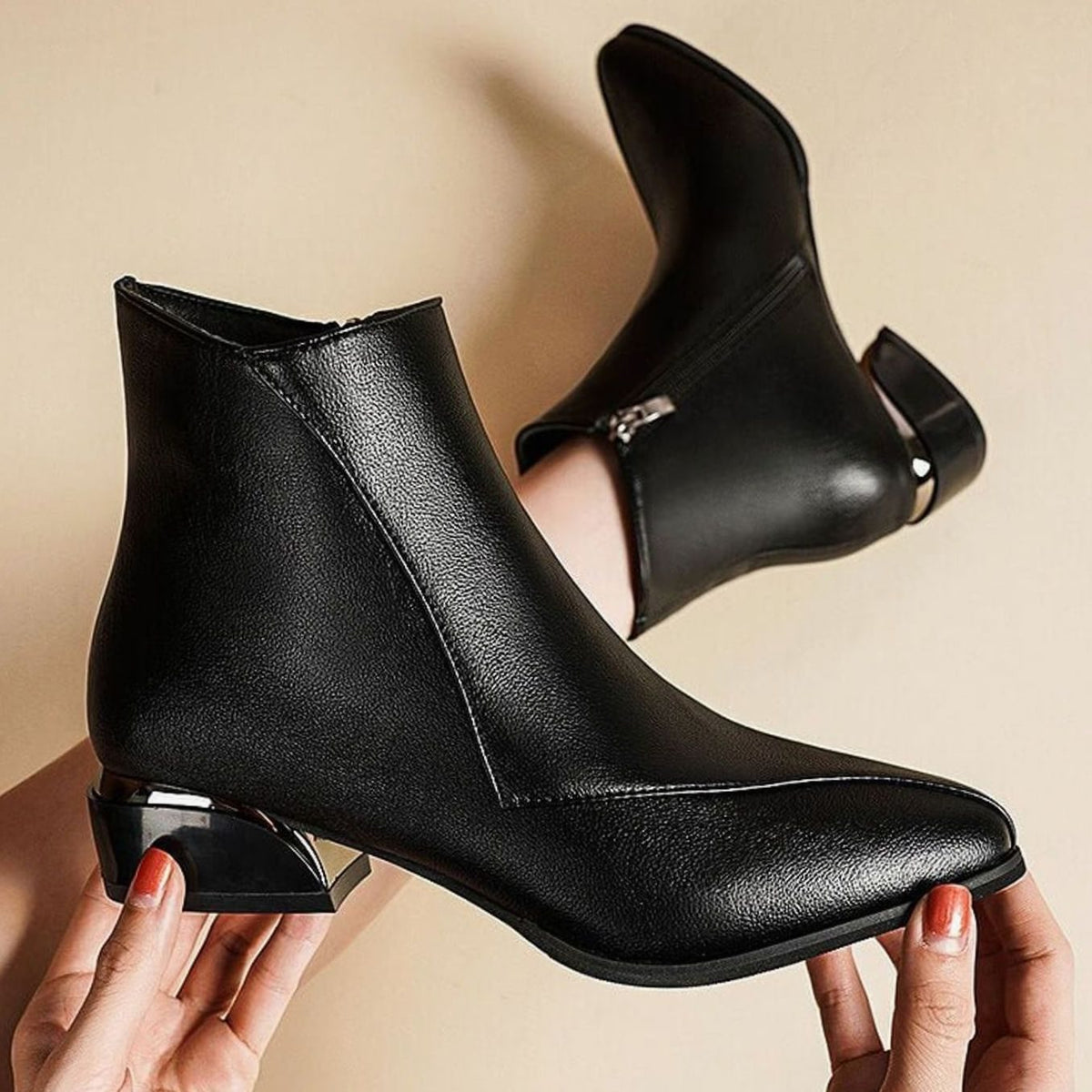 Women's Pointed-Toe Low-Heel Zip-Up Ankle Boots - Midnight Black