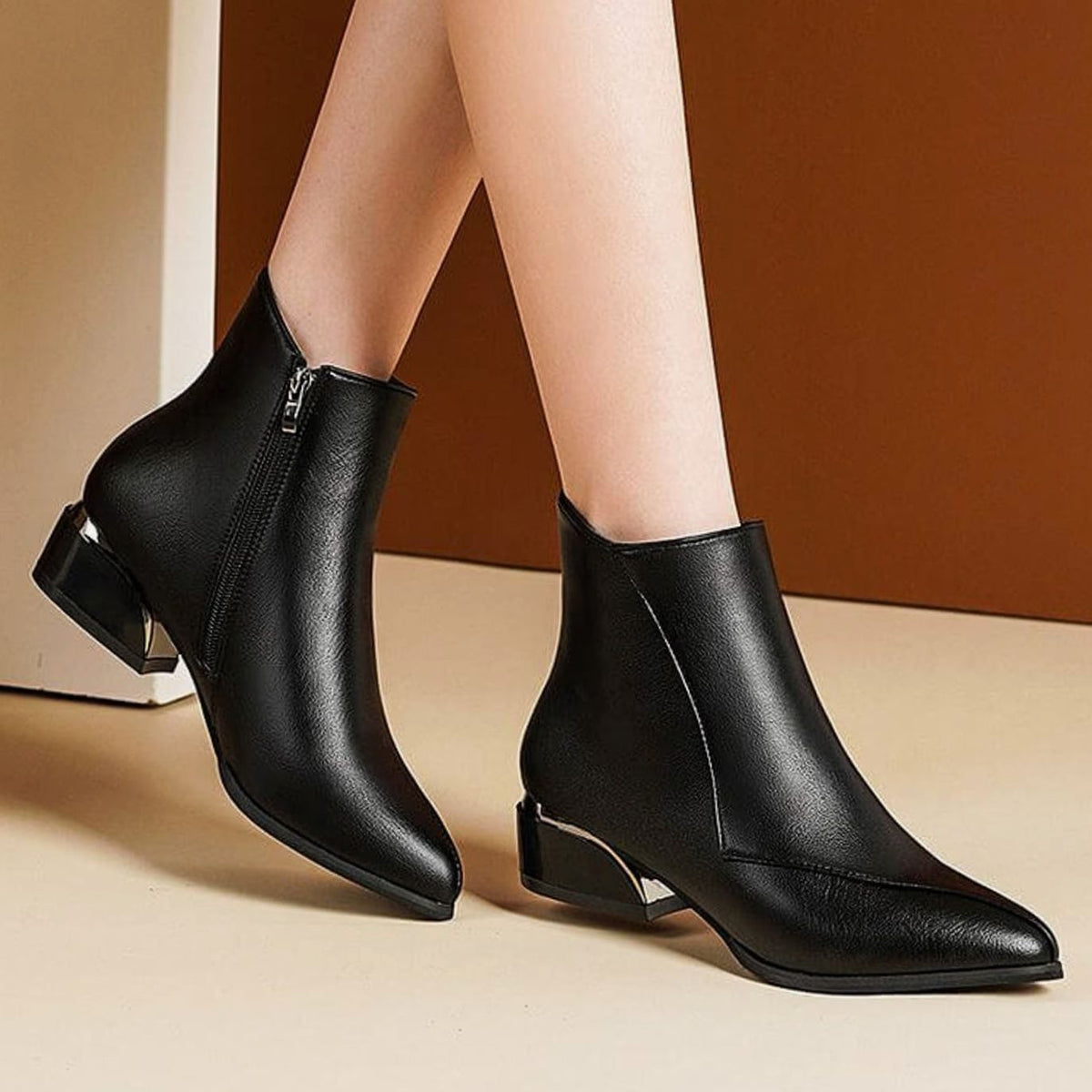 Women's Pointed-Toe Low-Heel Zip-Up Ankle Boots