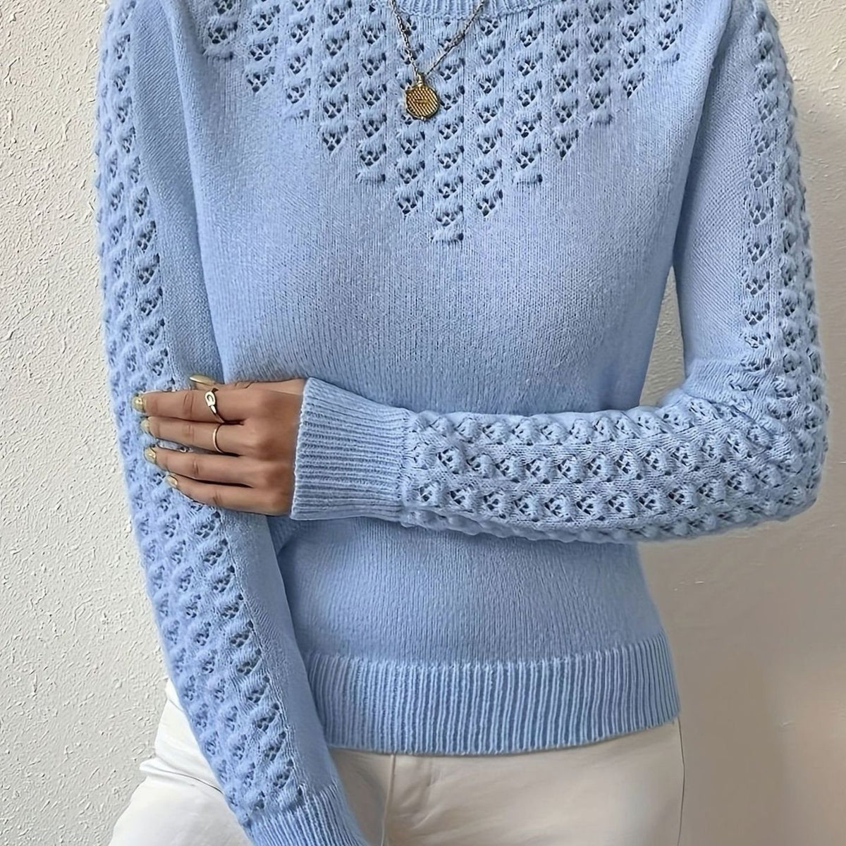 Women's Pointelle-Knit Round Neck Sweater Soft Fitted Pullover - Light Blue