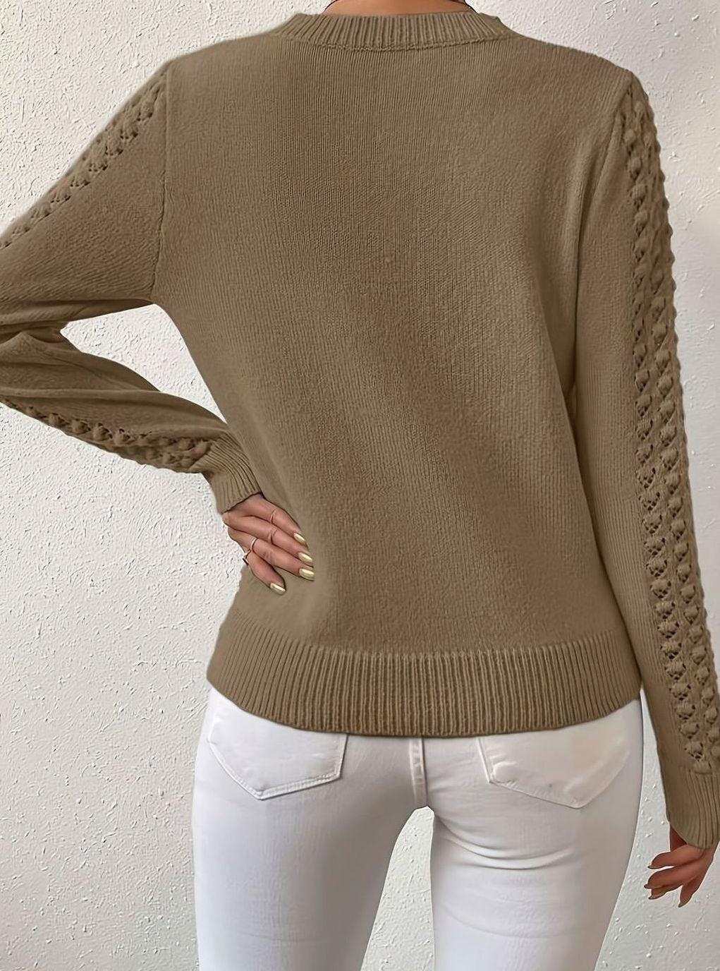 Women's Pointelle-Knit Round Neck Sweater Soft Fitted Pullover