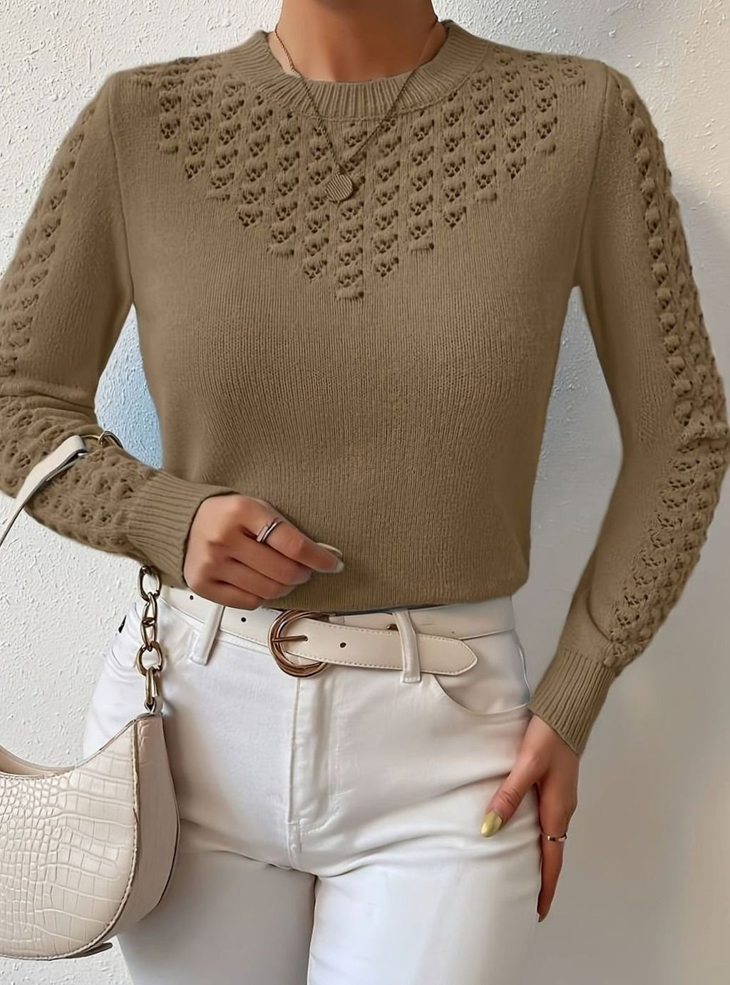 Women's Pointelle-Knit Round Neck Sweater Soft Fitted Pullover