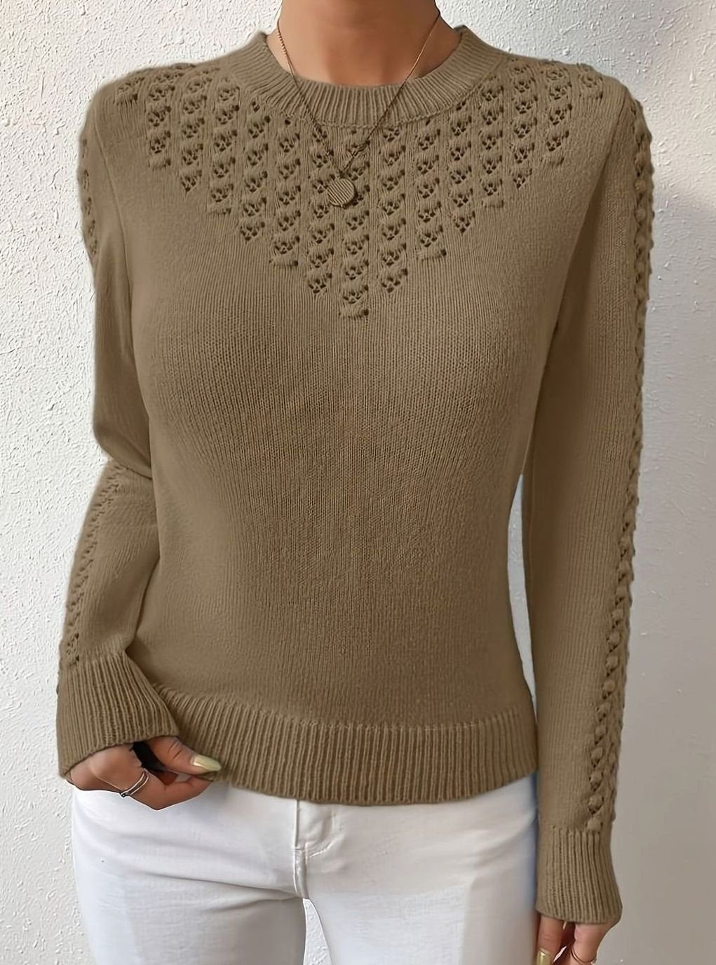 Women's Pointelle-Knit Round Neck Sweater Soft Fitted Pullover