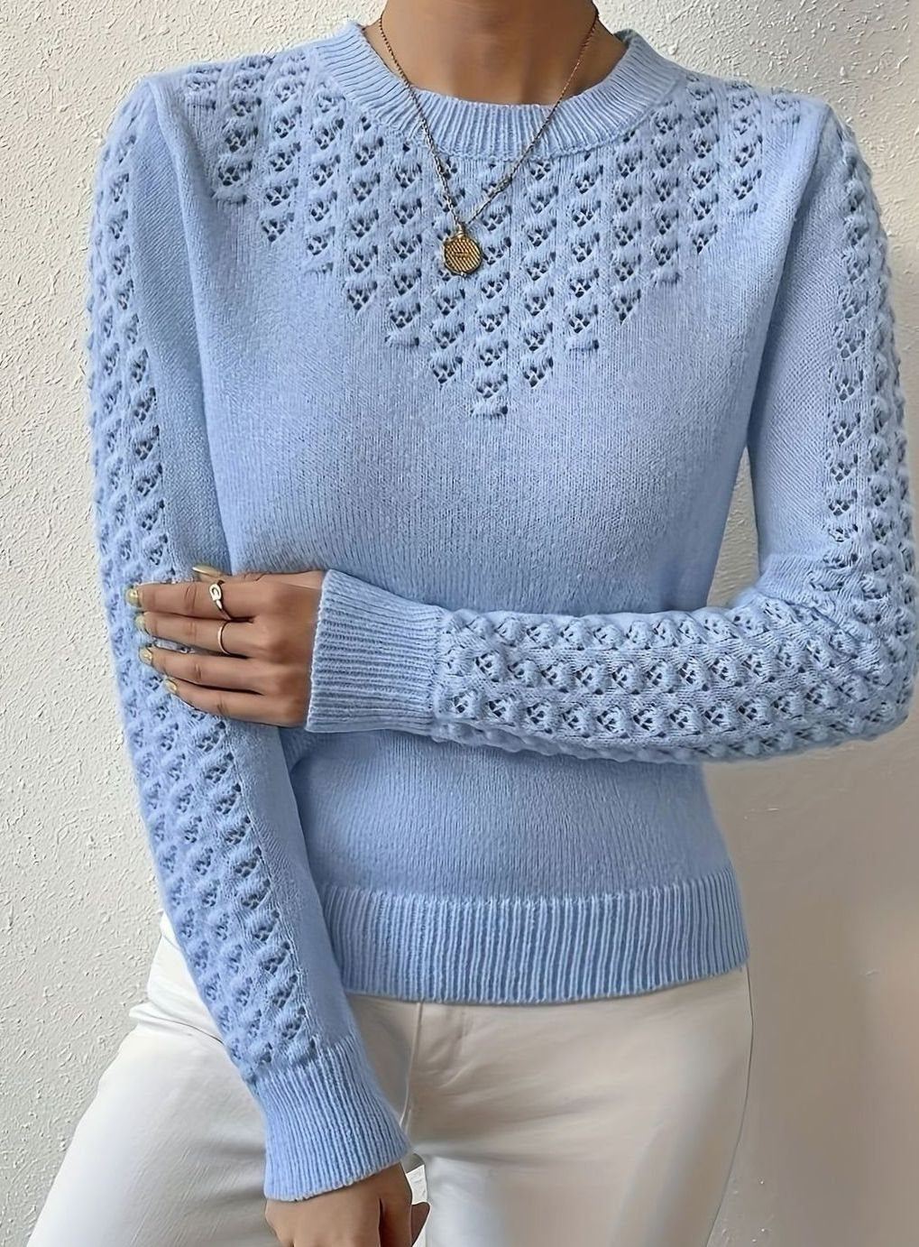 Women's Pointelle-Knit Round Neck Sweater Soft Fitted Pullover
