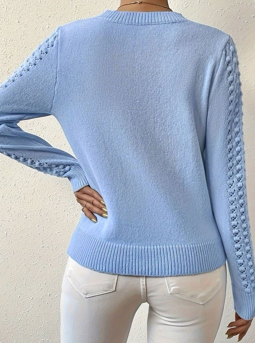 Women's Pointelle-Knit Round Neck Sweater Soft Fitted Pullover