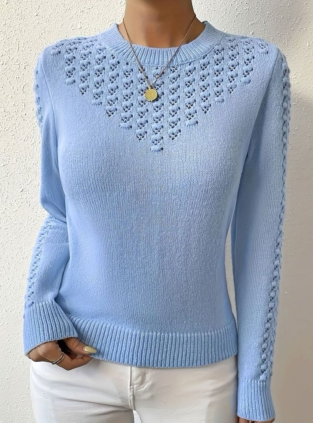 Women's Pointelle-Knit Round Neck Sweater Soft Fitted Pullover