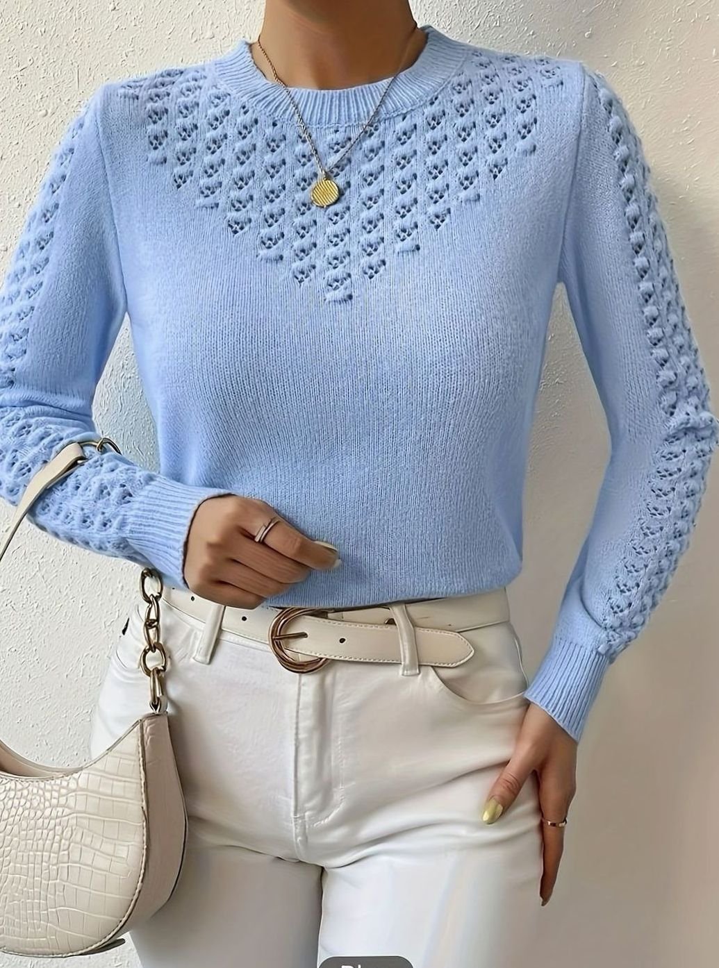 Women's Pointelle-Knit Round Neck Sweater Soft Fitted Pullover