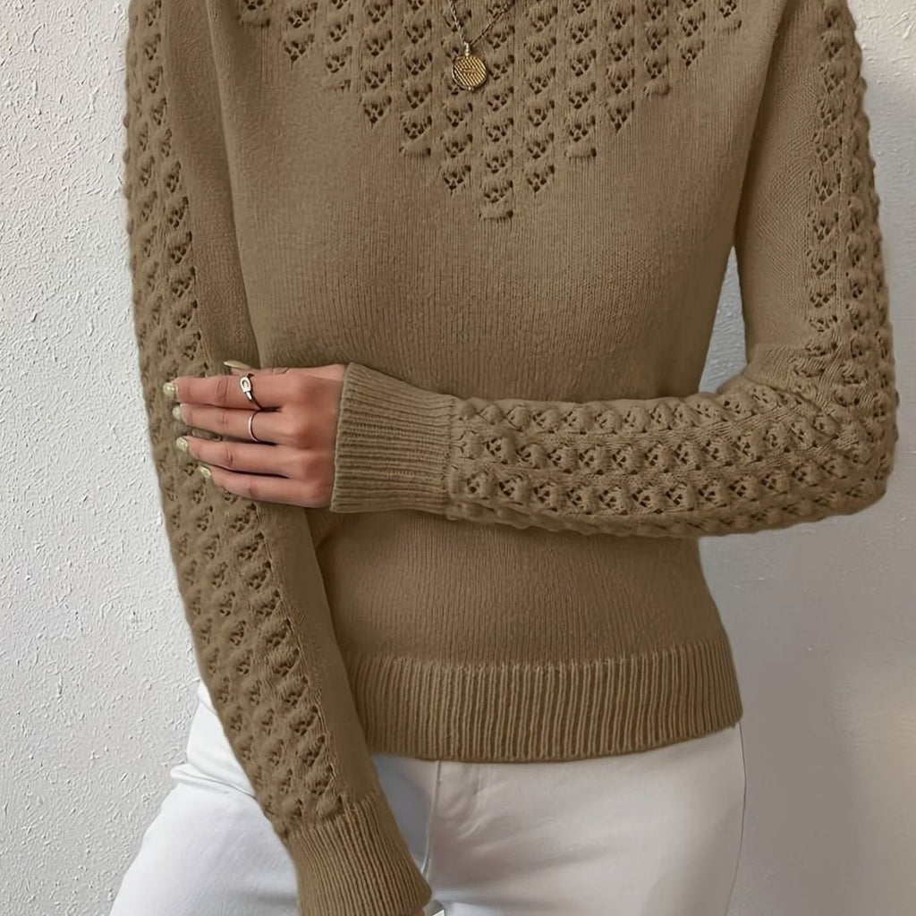 Women's Pointelle-Knit Round Neck Sweater Soft Fitted Pullover - Brown