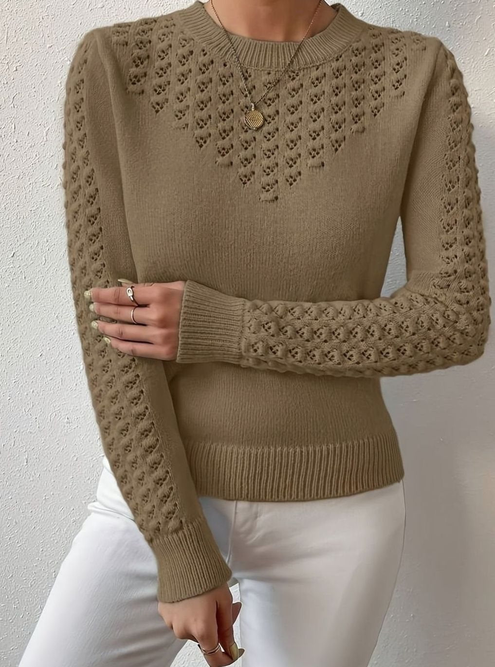 Women's Pointelle-Knit Round Neck Sweater Soft Fitted Pullover