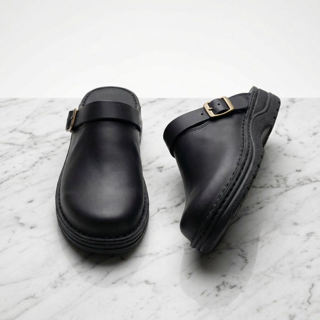 Women's Premium Leather Slip-On Cushioned Clogs - Black