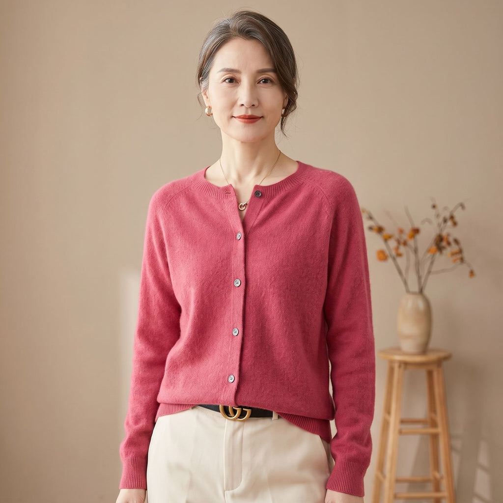 Women's Pure Merino Wool Button-Front Knit Cardigan - Dark Pink