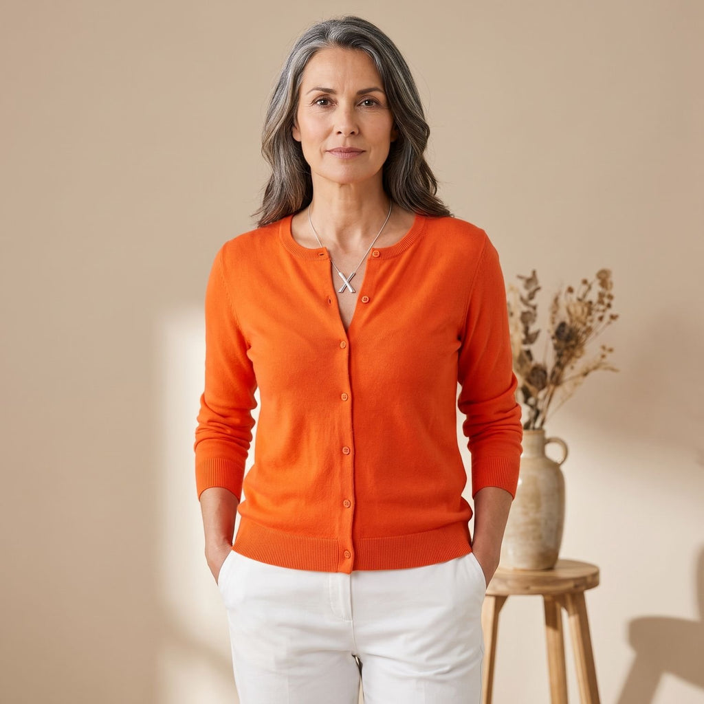 Women's Pure Merino Wool Button-Front Knit Cardigan - Orange