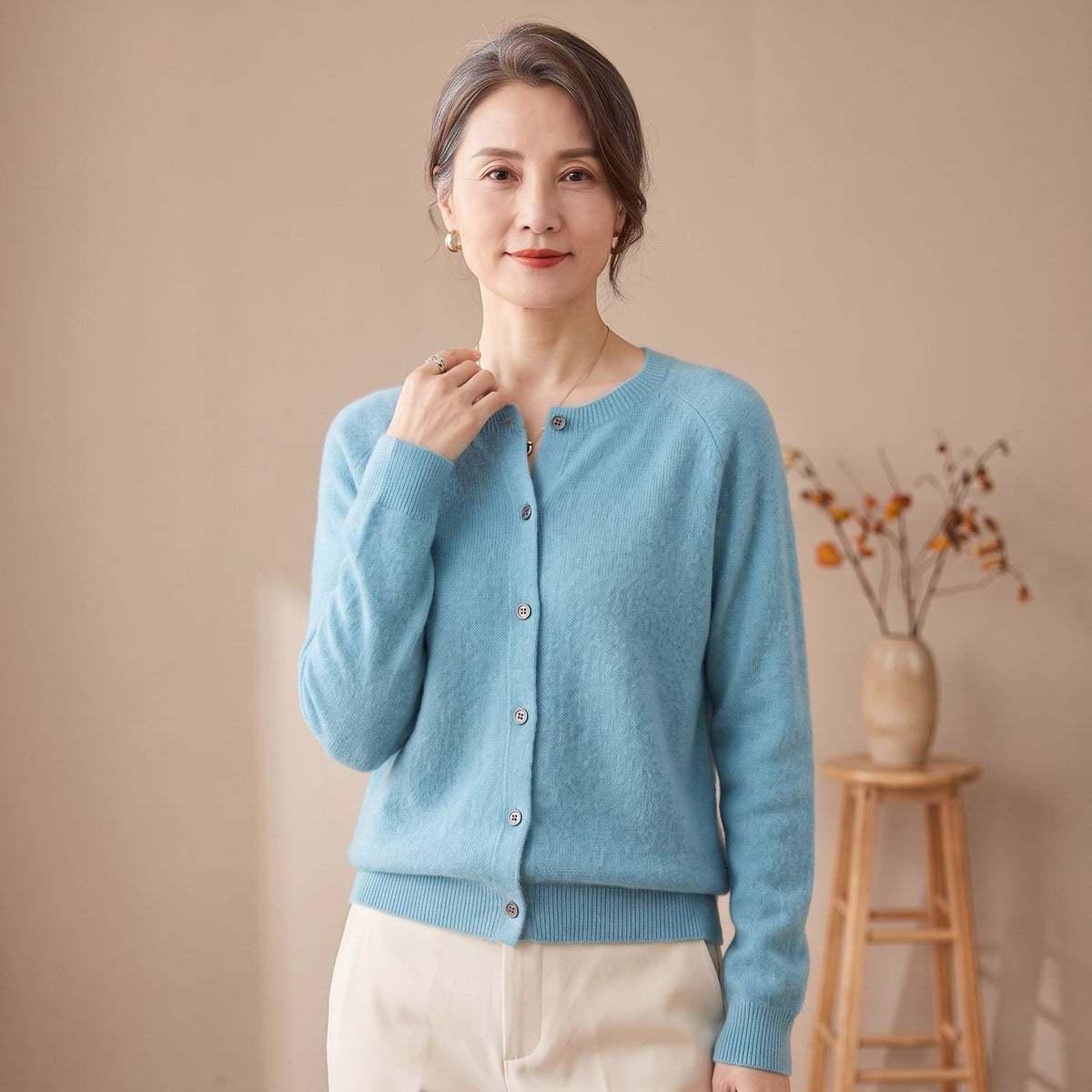 Women's Pure Merino Wool Button-Front Knit Cardigan - Light Blue
