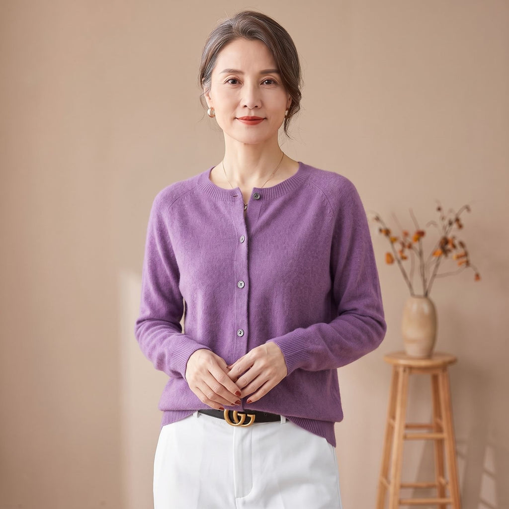 Women's Pure Merino Wool Button-Front Knit Cardigan - Purple