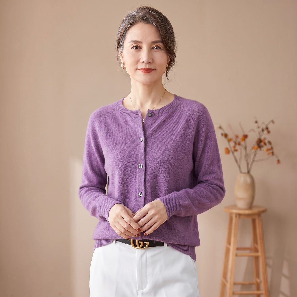 Women's Pure Merino Wool Button-Front Knit Cardigan - Purple
