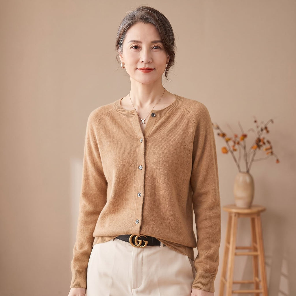 Women's Pure Merino Wool Button-Front Knit Cardigan - Light Brown