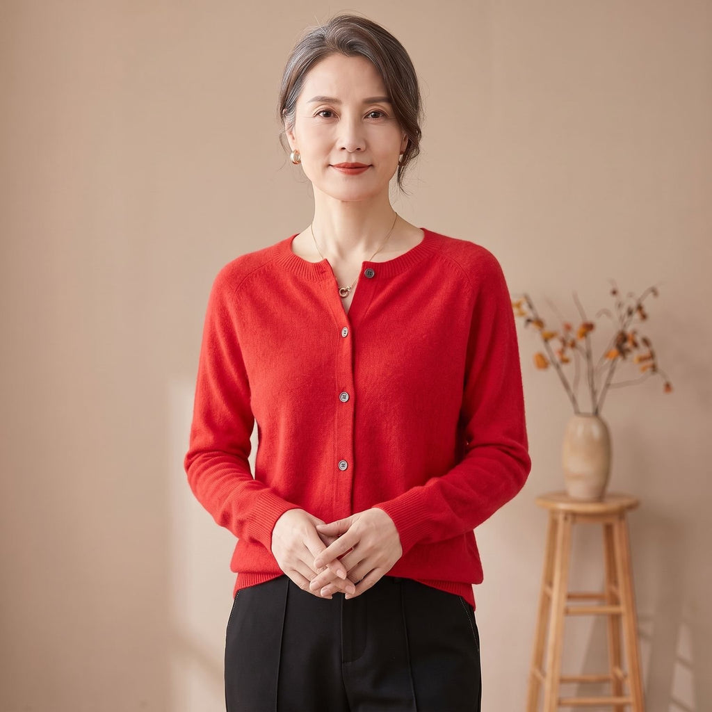 Women's Pure Merino Wool Button-Front Knit Cardigan - Red