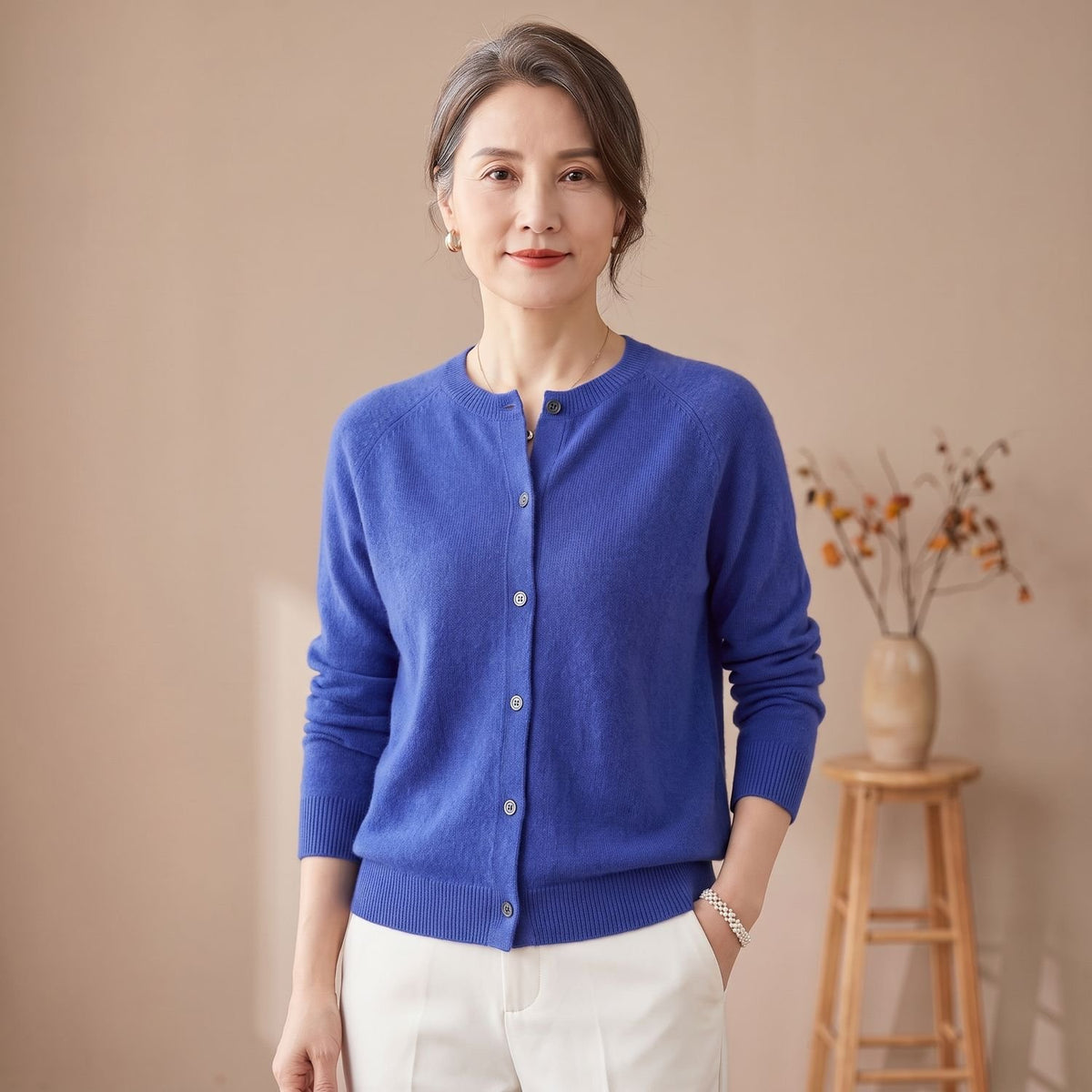 Women's Pure Merino Wool Button-Front Knit Cardigan - Dark Blue