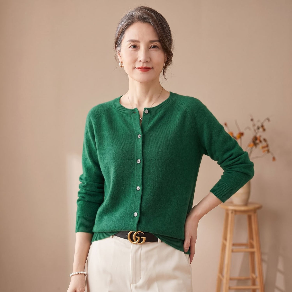 Women's Pure Merino Wool Button-Front Knit Cardigan - Dark Green