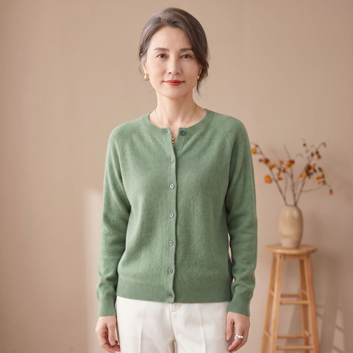 Women's Pure Merino Wool Button-Front Knit Cardigan - Light Green