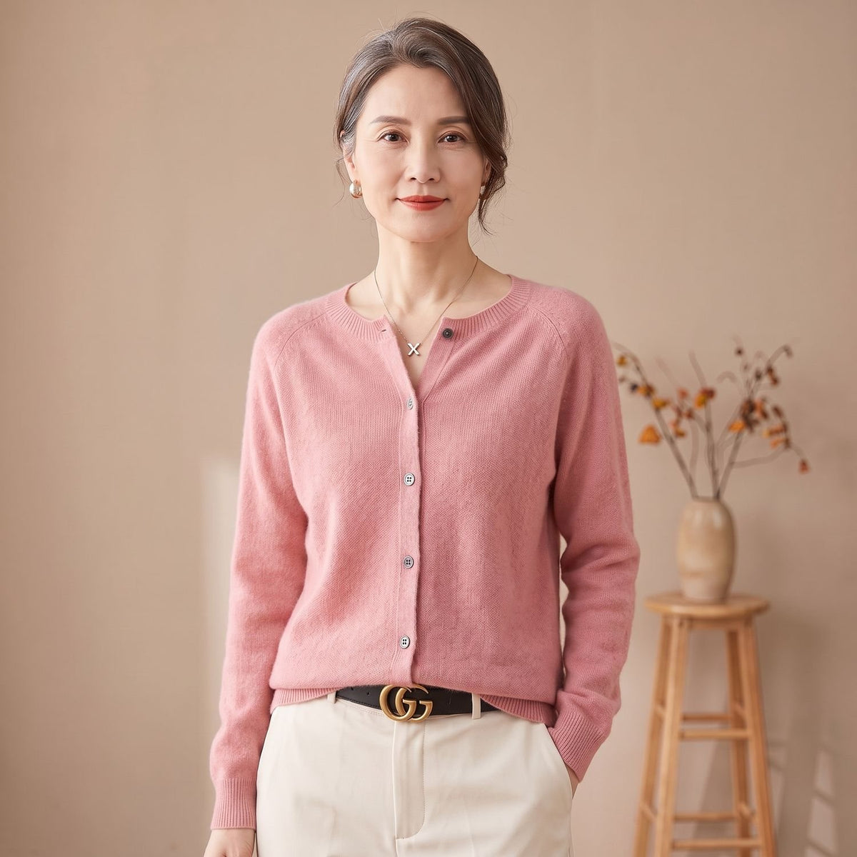 Women's Pure Merino Wool Button-Front Knit Cardigan - Light Pink